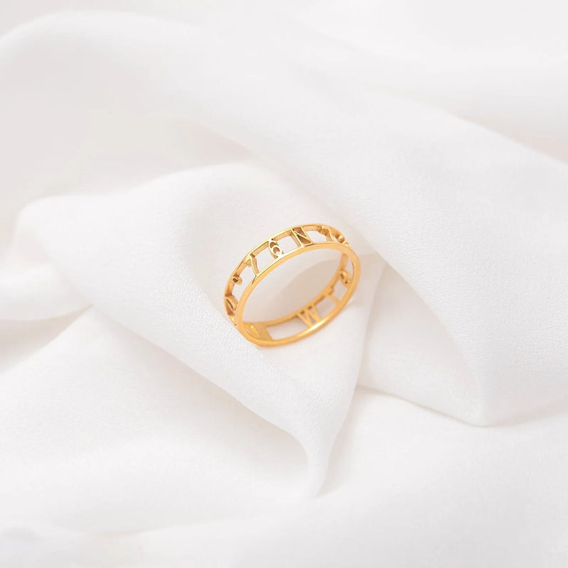 Gold Cutout Ring - Coordinate Ring Custom - Anniversary Ring - Roman Numerals Cutout Ring - Personalized Rings Unique Jewelry