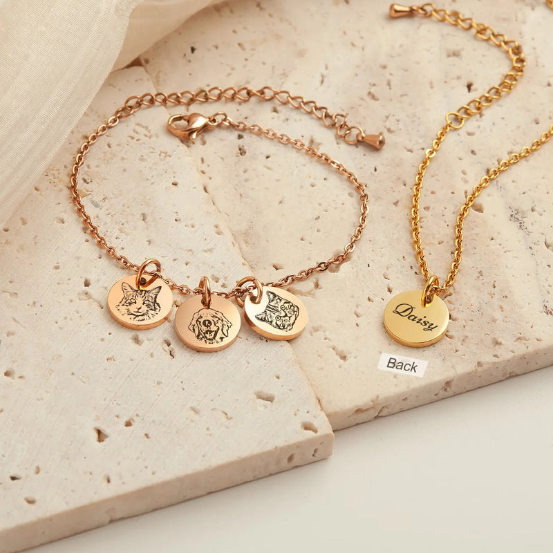 Tiny Charm Pet Bracelet - Pet Portrait Bracelet - Engraved Bunny Charm Bracelet - Birthday Gift for Daughter