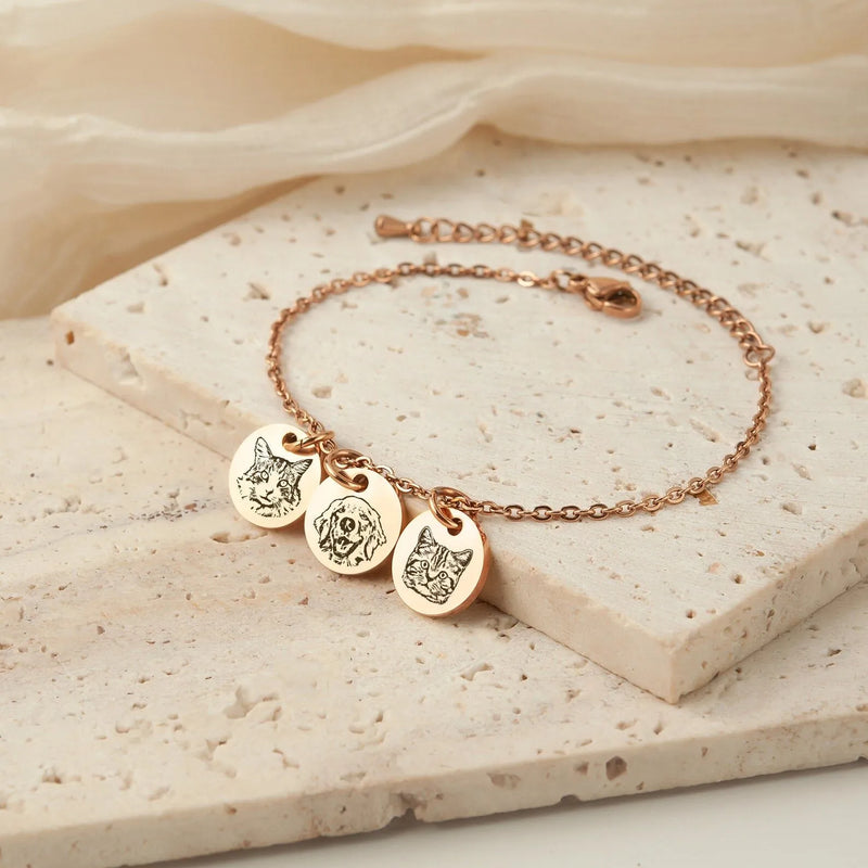 Tiny Charm Pet Bracelet - Pet Portrait Bracelet - Engraved Bunny Charm Bracelet - Birthday Gift for Daughter