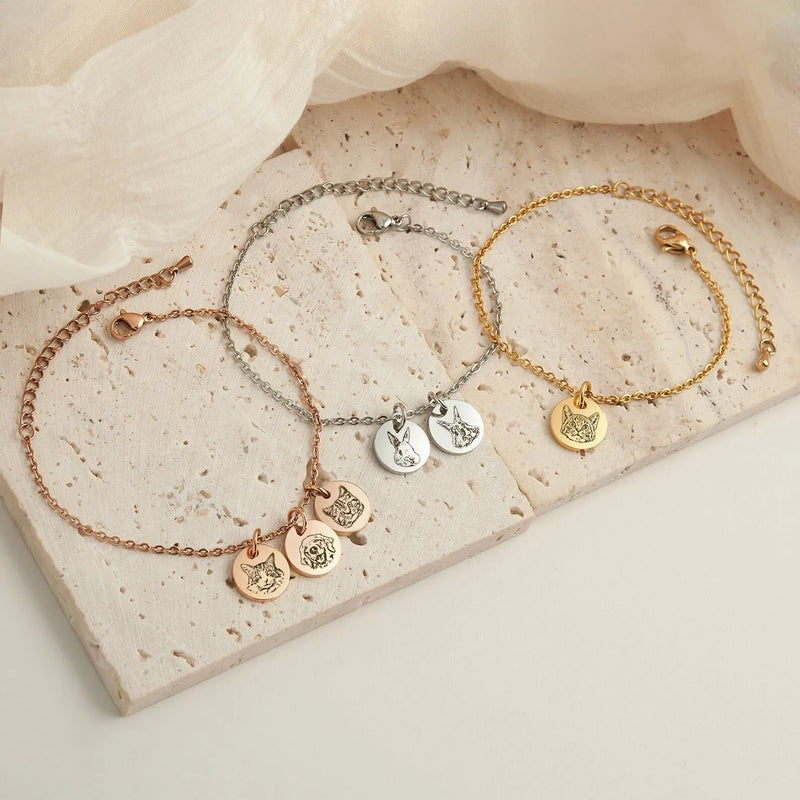 Tiny Charm Pet Bracelet - Pet Portrait Bracelet - Engraved Bunny Charm Bracelet - Birthday Gift for Daughter