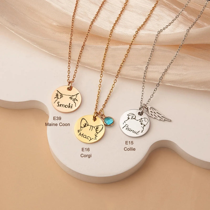 Dog Name Necklace Gold - Engraved Dog Ear Necklace - Pet Necklace Gift for Pet Lovers - Dog Breed Necklace Corgi, Husky, Chihuahua, Pibull