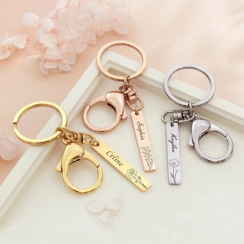 Graduation Gift For Her - Custom Keychain Engraved Back Class of 2024 - Birth Flower Keychain with Name - Keychain for Best Friend Gift