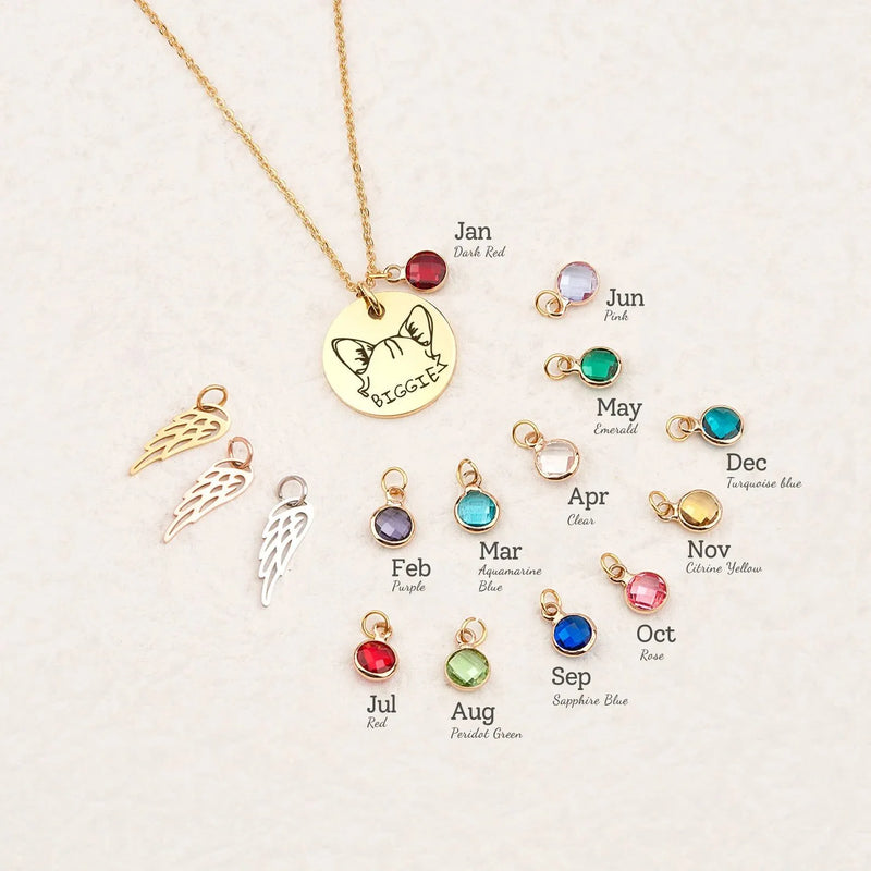 Personalized Pet Ear Necklace - Custom Engraved Dog Ear Necklace with Name - Dog Mom Gift - Pet Ear Outline Necklace Custom Birthstone