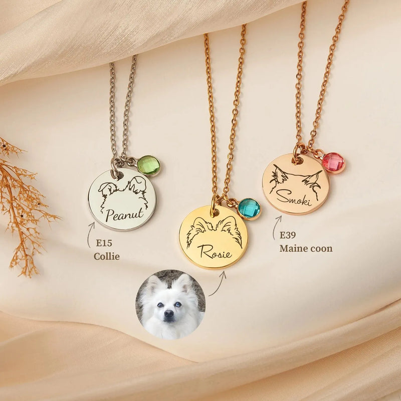Personalized Pet Ear Necklace - Custom Engraved Dog Ear Necklace with Name - Dog Mom Gift - Pet Ear Outline Necklace Custom Birthstone