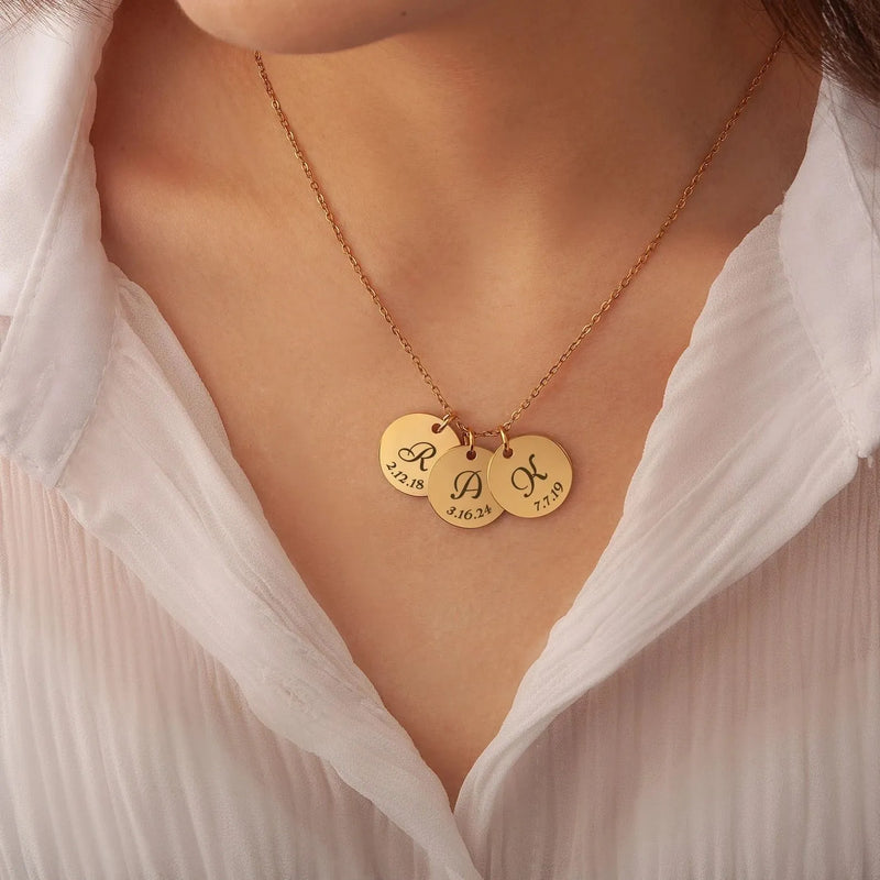 Personalized Mothers Day Gifts - Custom Initial Letter Date Disc Necklace - Engraved Family Minimalist Necklace - Mom Jewelry