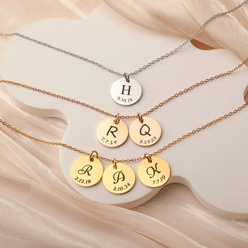 Personalized Mothers Day Gifts - Custom Initial Letter Date Disc Necklace - Engraved Family Minimalist Necklace - Mom Jewelry