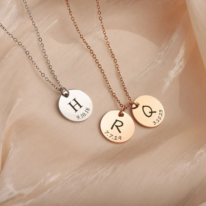 Personalized Mothers Day Gifts - Custom Initial Letter Date Disc Necklace - Engraved Family Minimalist Necklace - Mom Jewelry