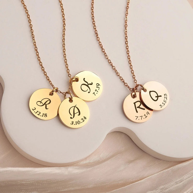 Personalized Mothers Day Gifts - Custom Initial Letter Date Disc Necklace - Engraved Family Minimalist Necklace - Mom Jewelry