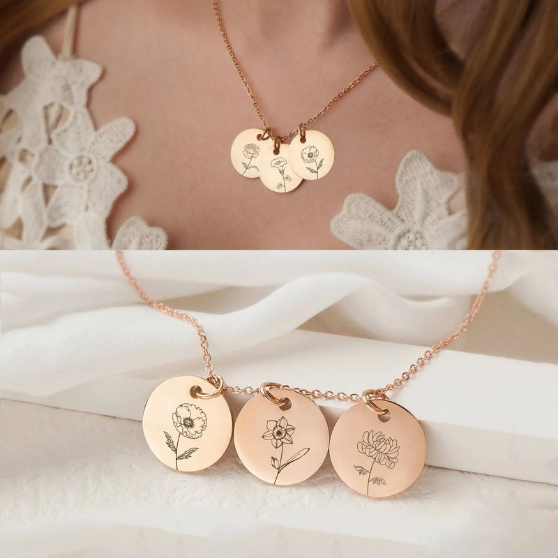 Sister Necklace for 3 - Birthflower Necklace Custom - Birth Flower Necklace with Names - Birth Flower Jewelry - Sister Gifts