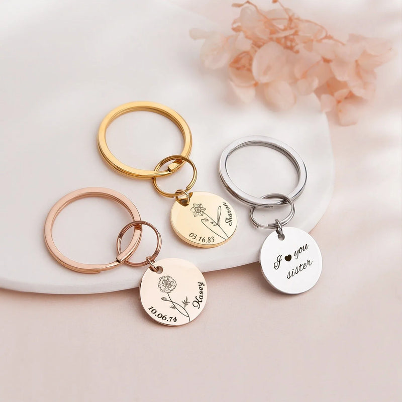 Keychain for Women - Sunflower Keychain Custom Keychain - Engraved Name and Birth Date Keychain - Baby's Breath Keychain Mom Gift