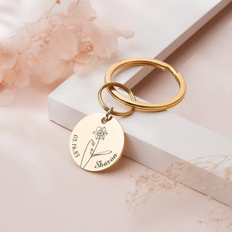 Keychain for Women - Sunflower Keychain Custom Keychain - Engraved Name and Birth Date Keychain - Baby's Breath Keychain Mom Gift