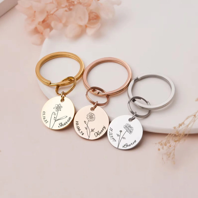 Keychain for Women - Sunflower Keychain Custom Keychain - Engraved Name and Birth Date Keychain - Baby's Breath Keychain Mom Gift