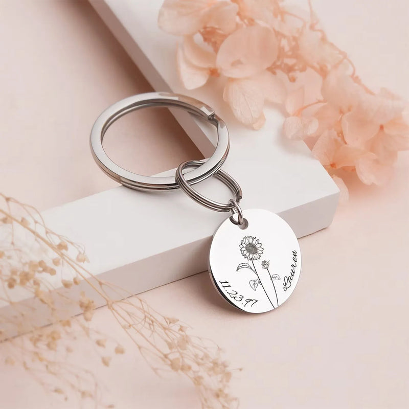 Keychain for Women - Sunflower Keychain Custom Keychain - Engraved Name and Birth Date Keychain - Baby's Breath Keychain Mom Gift