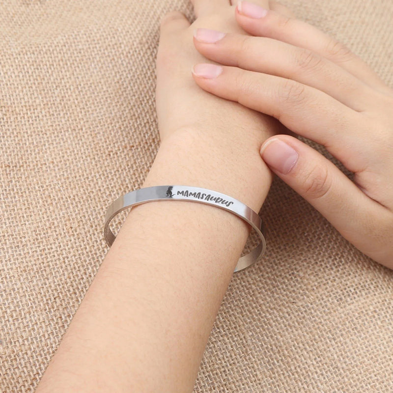 Mothers Day Gifts for Mom from Son - Dinosaur Bracelet - Mom Bracelet Custom Hidden Message - Silver Mamasaurus Cuff Bracelet