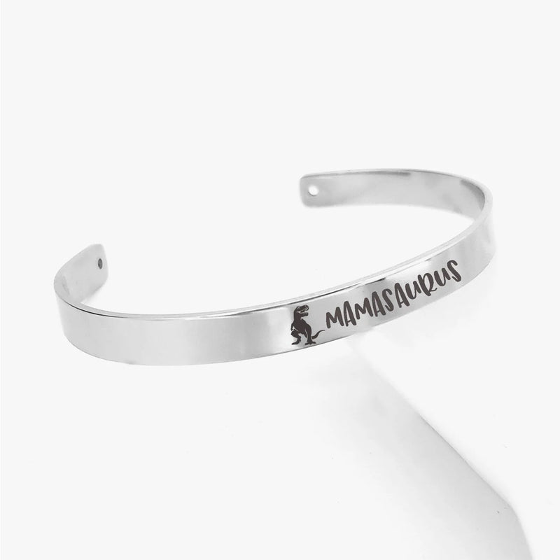 Mothers Day Gifts for Mom from Son - Dinosaur Bracelet - Mom Bracelet Custom Hidden Message - Silver Mamasaurus Cuff Bracelet