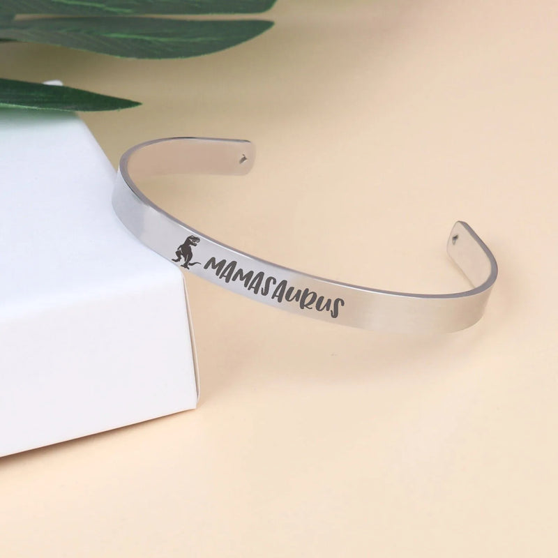 Mothers Day Gifts for Mom from Son - Dinosaur Bracelet - Mom Bracelet Custom Hidden Message - Silver Mamasaurus Cuff Bracelet