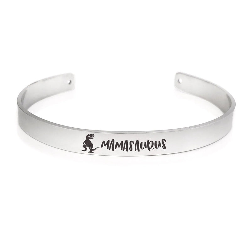 Mothers Day Gifts for Mom from Son - Dinosaur Bracelet - Mom Bracelet Custom Hidden Message - Silver Mamasaurus Cuff Bracelet