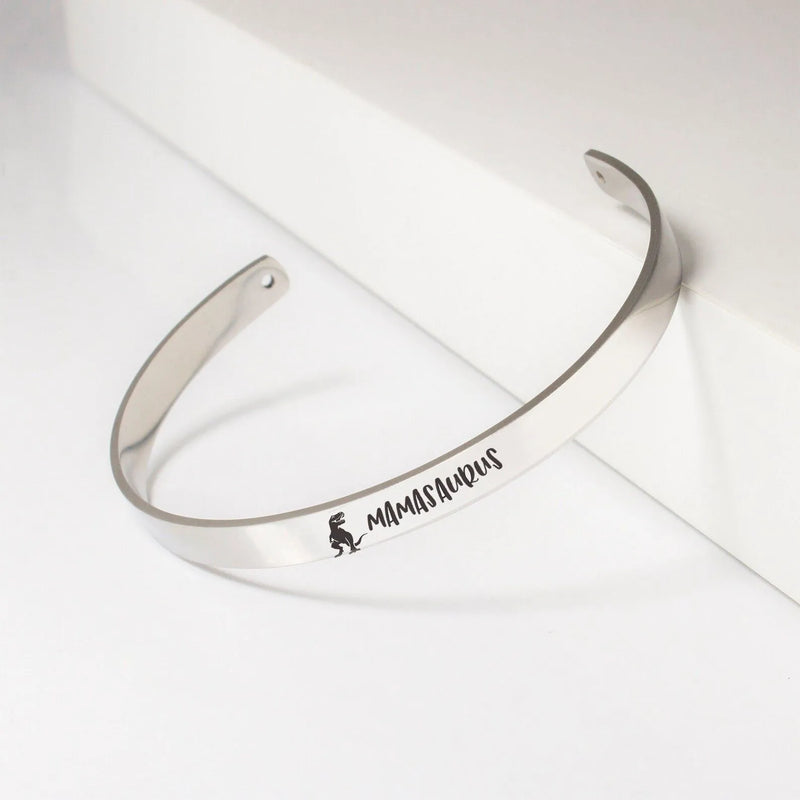 Mothers Day Gifts for Mom from Son - Dinosaur Bracelet - Mom Bracelet Custom Hidden Message - Silver Mamasaurus Cuff Bracelet