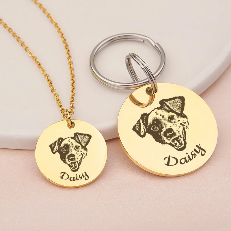 Pet Jewelry - Engraved Pet Portrait Sets - Dog Necklace Custom - Pet Name Keychain - Dog Memorial Jewelry - Cat Mom Gift Grandmother Gift