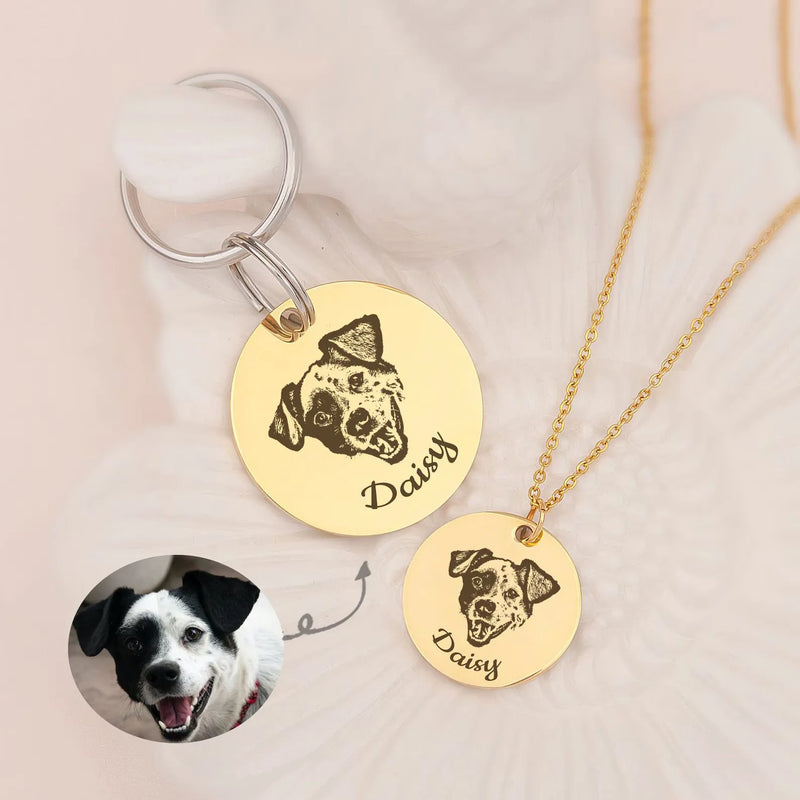 Pet Jewelry - Engraved Pet Portrait Sets - Dog Necklace Custom - Pet Name Keychain - Dog Memorial Jewelry - Cat Mom Gift Grandmother Gift