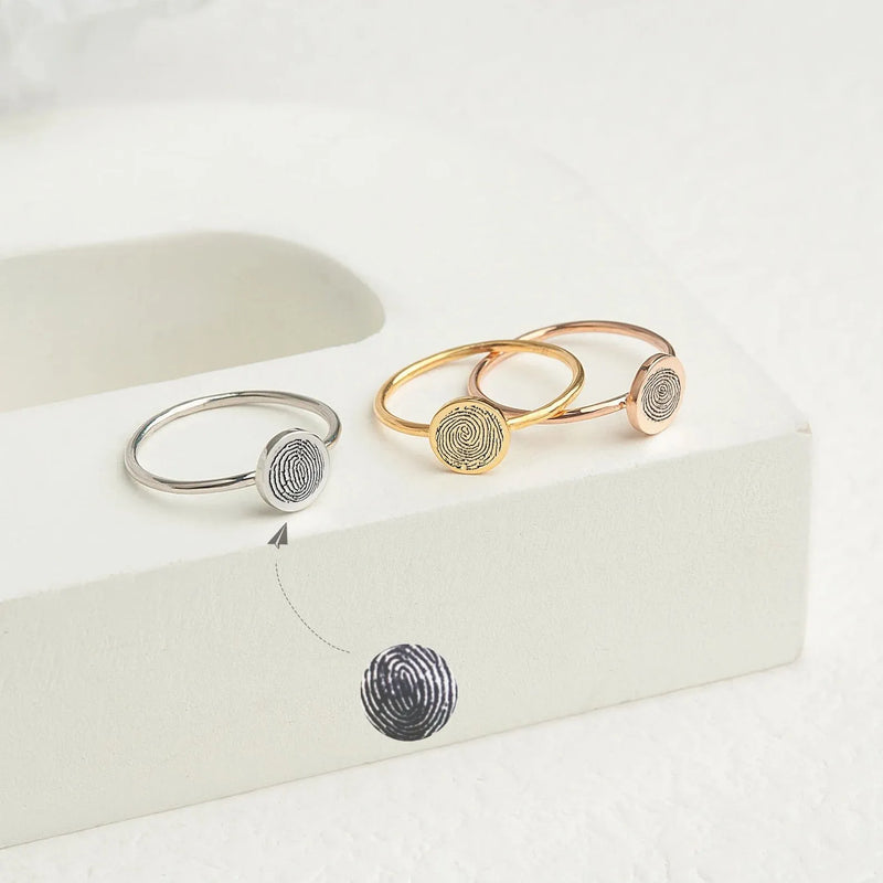 Fingerprint Ring for Women - Personalized Ring - Engraved Ring Actual Fingerprint Jewelry - Custom Memorial Jewelry Round Memorial Ring