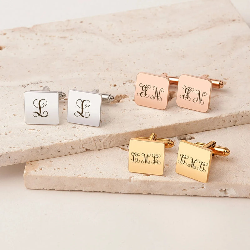 Gold Cufflinks - Engraved Monogram Letter Cufflink - Personalised Cufflinks Initial Design - Name Cufflinks - Groomsman Gift
