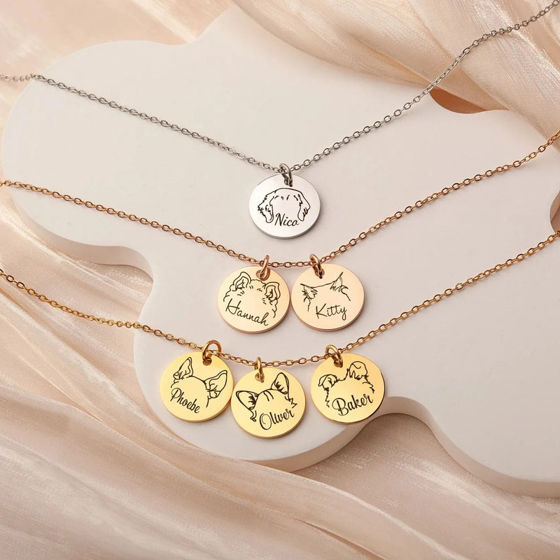 Custom Engraved Dog Ear Necklace - Pet Ears Outline Necklace - Cute Animal Ear Handmade Jewelry Personalized Gift for Mom -3 Charms Necklace