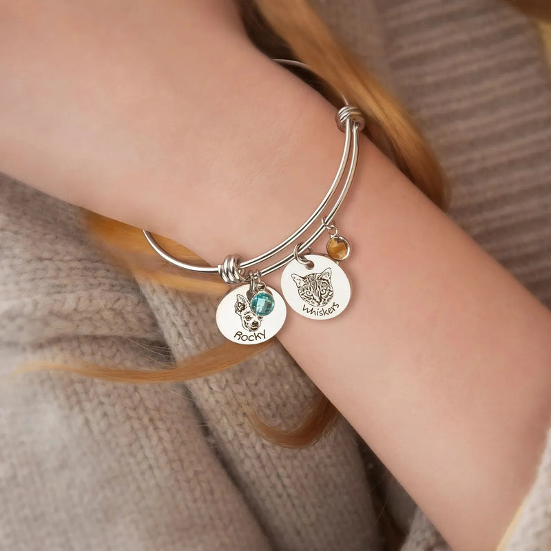 Dog Portrait Bracelet with Birthstone - Pet Portrait - Pet Jewelry Personalized Gift - Pet Mom Bracelet Unique Gifts For Pet Mom