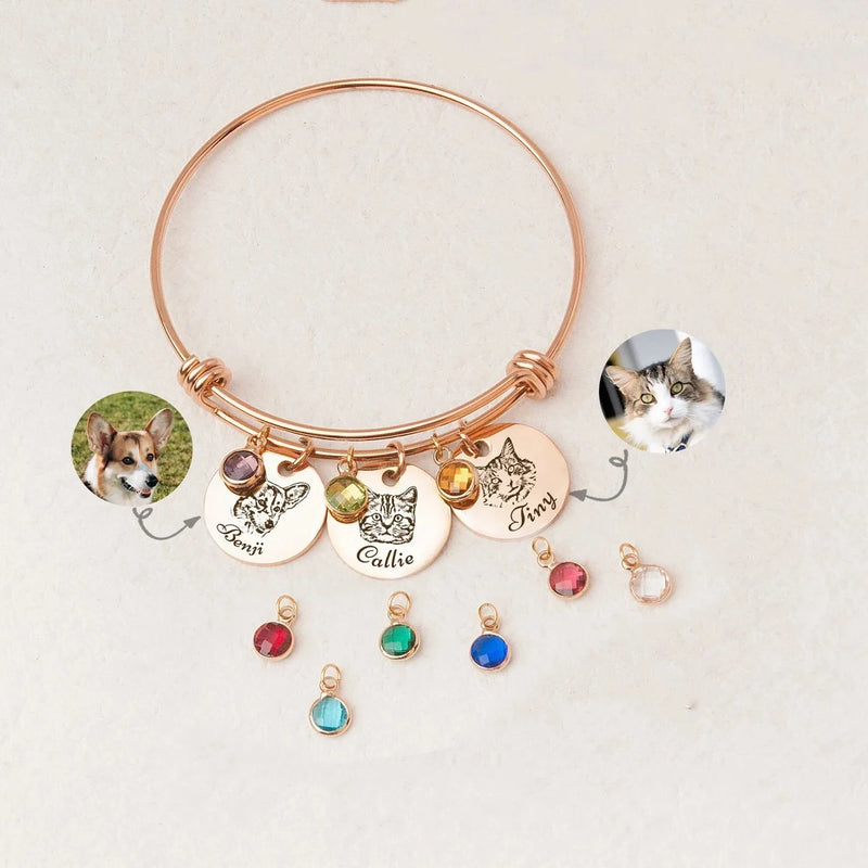 Dog Portrait Bracelet with Birthstone - Pet Portrait - Pet Jewelry Personalized Gift - Pet Mom Bracelet Unique Gifts For Pet Mom