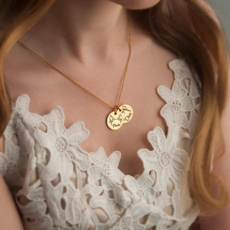Custom Engraved Dog Ear Necklace - Pet Ears Outline Necklace - Cute Animal Ear Handmade Jewelry Personalized Gift for Mom -3 Charms Necklace