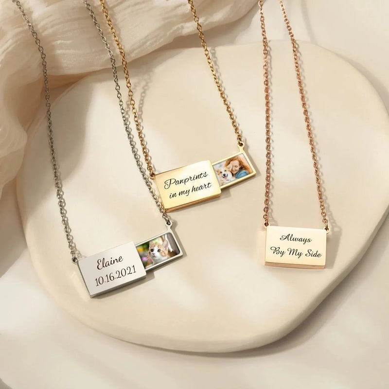 Locket Necklace with Engraving - Hidden Drawer Picture Necklace - Dog Necklace Pet Memorial Jewelry - Secret Photo Necklace Personalized