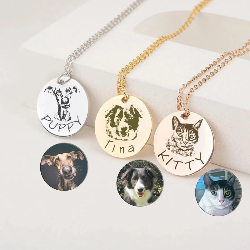 Pet Necklace For Women - Engraved Dog Cat Photo Necklace - Pet Memorial Necklace Gifts for Dog Mom - Pet Portrait Necklace with Birthstone