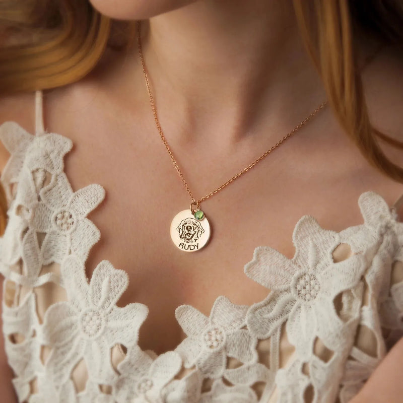 Pet Necklace For Women - Engraved Dog Cat Photo Necklace - Pet Memorial Necklace Gifts for Dog Mom - Pet Portrait Necklace with Birthstone