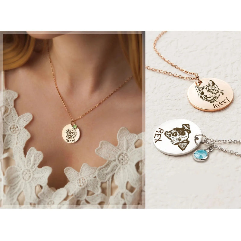 Pet Necklace For Women - Engraved Dog Cat Photo Necklace - Pet Memorial Necklace Gifts for Dog Mom - Pet Portrait Necklace with Birthstone