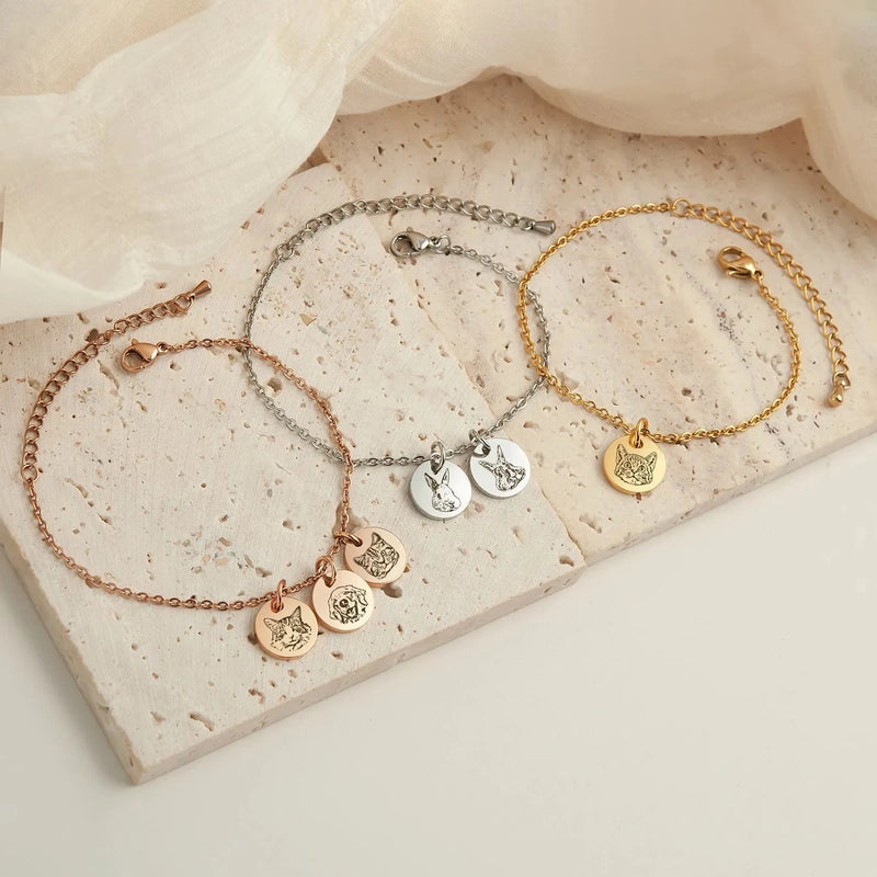 Cat Photo Jewelry - Pet Portrait Custom Bracelet - Engraved Cat Portrait Charm Bracelet - Dog Mom Bracelet - Birthday Gift for Kids