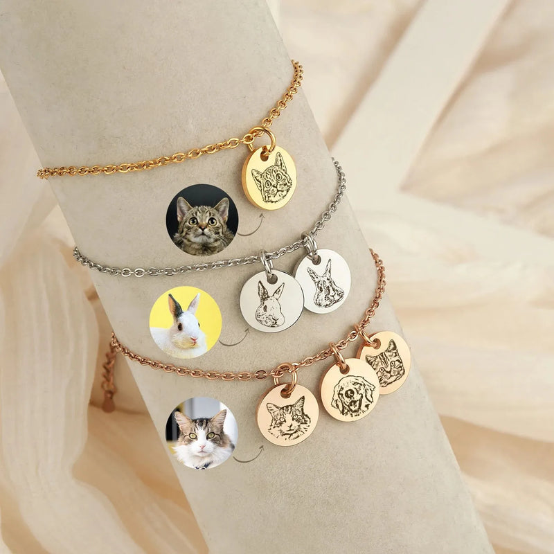 Cat Photo Jewelry - Pet Portrait Custom Bracelet - Engraved Cat Portrait Charm Bracelet - Dog Mom Bracelet - Birthday Gift for Kids