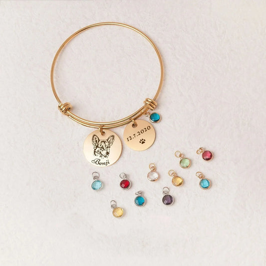 Dog Bracelet with Birthstone Charm - Custom Pet Portrait Bracelet Women Pet Memorial Gift - Dog Memorial Bracelet - Personalized Jewelry