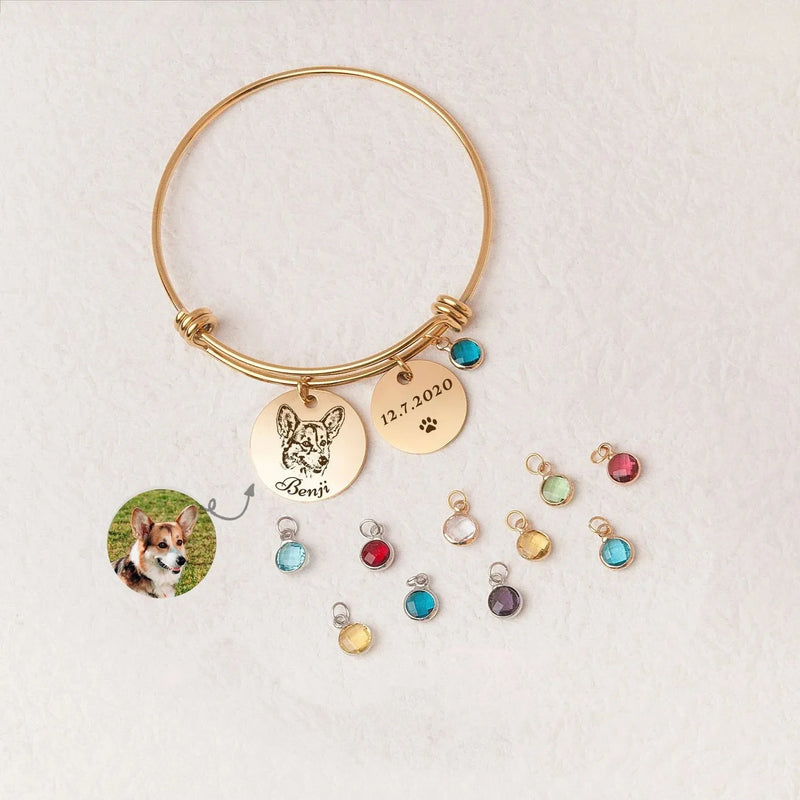 Dog Bracelet with Birthstone Charm - Custom Pet Portrait Bracelet Women Pet Memorial Gift - Dog Memorial Bracelet - Personalized Jewelry