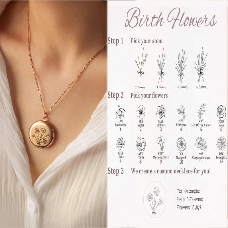 Unique Hnadmade Jewelry - Locket Necklace Personalized - Combined Birth Flower Locket - Photo Jewelry with Engraving - Photo Locket Necklace