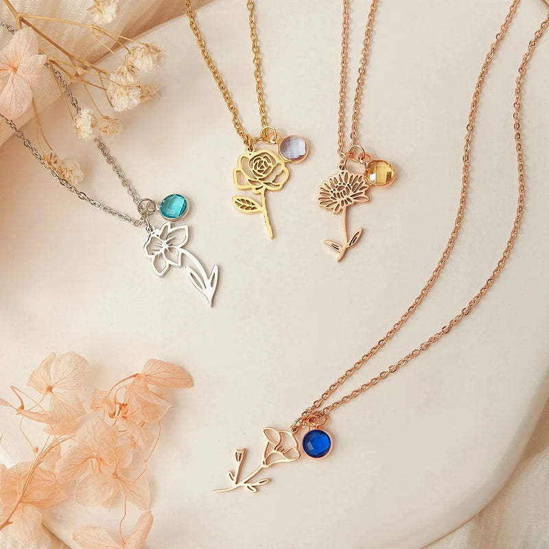 Mothers Day Gifts - Dainty Flower Necklace - Birth flower Birthstone Necklace - Birth Flower Charm Necklace