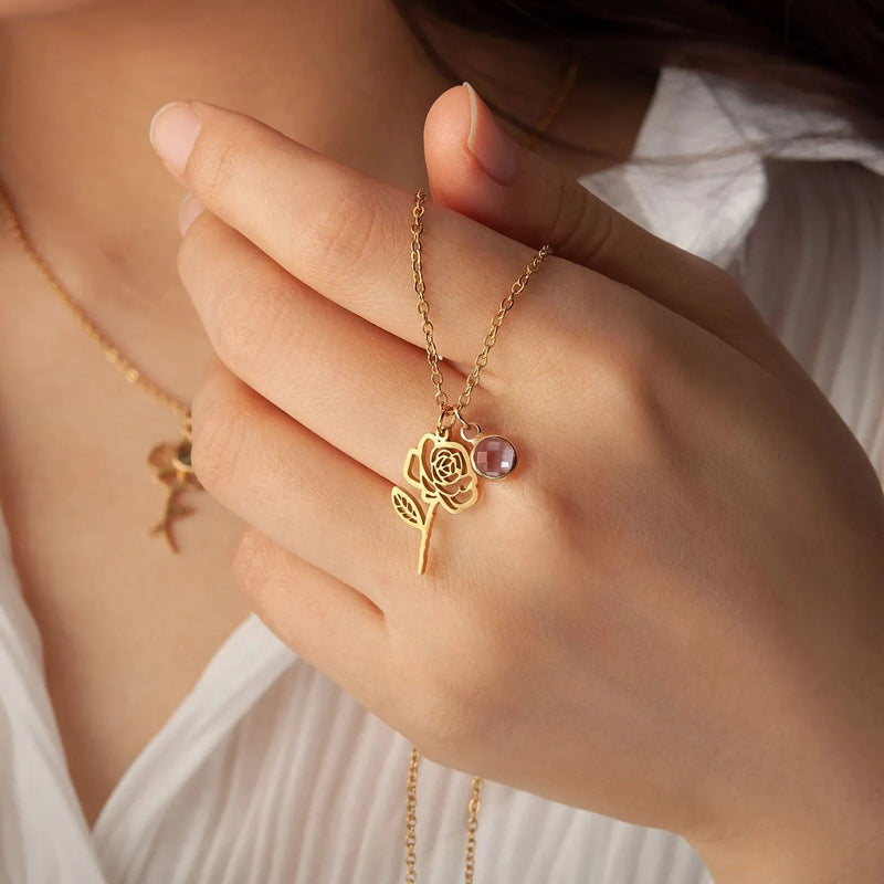 Mothers Day Gifts - Dainty Flower Necklace - Birth flower Birthstone Necklace - Birth Flower Charm Necklace