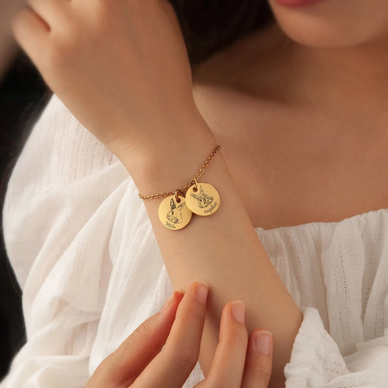 Pet Bracelet for Women - Pet Portrait Custom - Charm Bracelet Engraved Animal Horse Bunny - Pet Memorial Gift - Gifts For Women