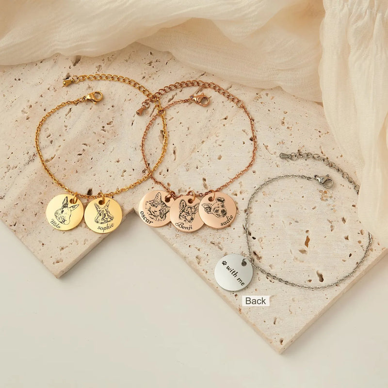 Pet Bracelet for Women - Pet Portrait Custom - Charm Bracelet Engraved Animal Horse Bunny - Pet Memorial Gift - Gifts For Women