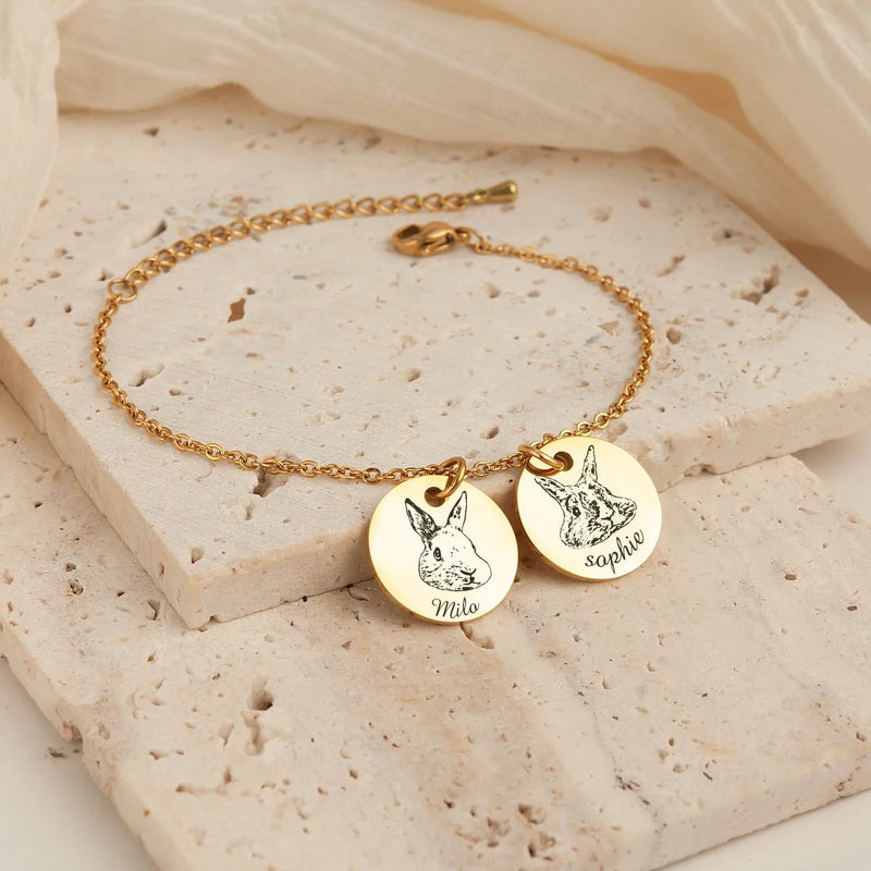 Pet Bracelet for Women - Pet Portrait Custom - Charm Bracelet Engraved Animal Horse Bunny - Pet Memorial Gift - Gifts For Women