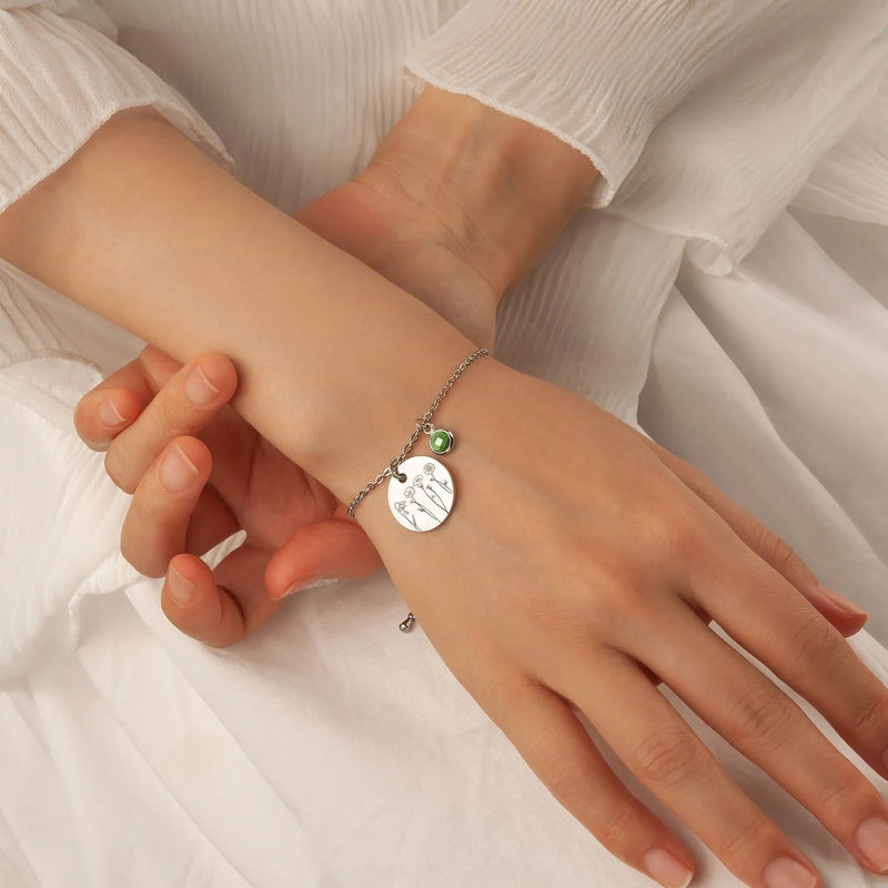 Family Gift - Engraved Combination Birth Flower Bracelet - Birthstone Bracelet - Custom Bracelet 1-4 Flowers - Gift for Mom