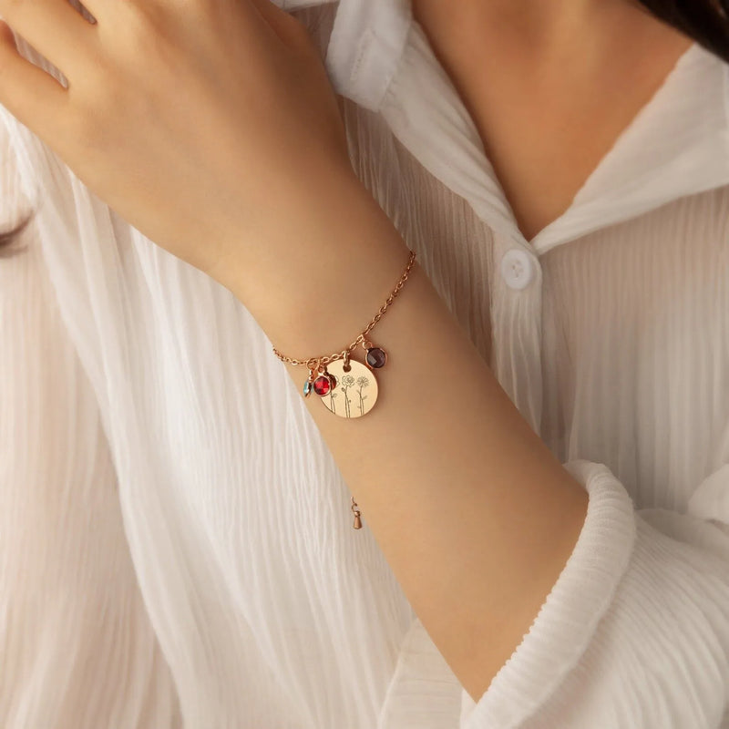 Family Gift - Engraved Combination Birth Flower Bracelet - Birthstone Bracelet - Custom Bracelet 1-4 Flowers - Gift for Mom