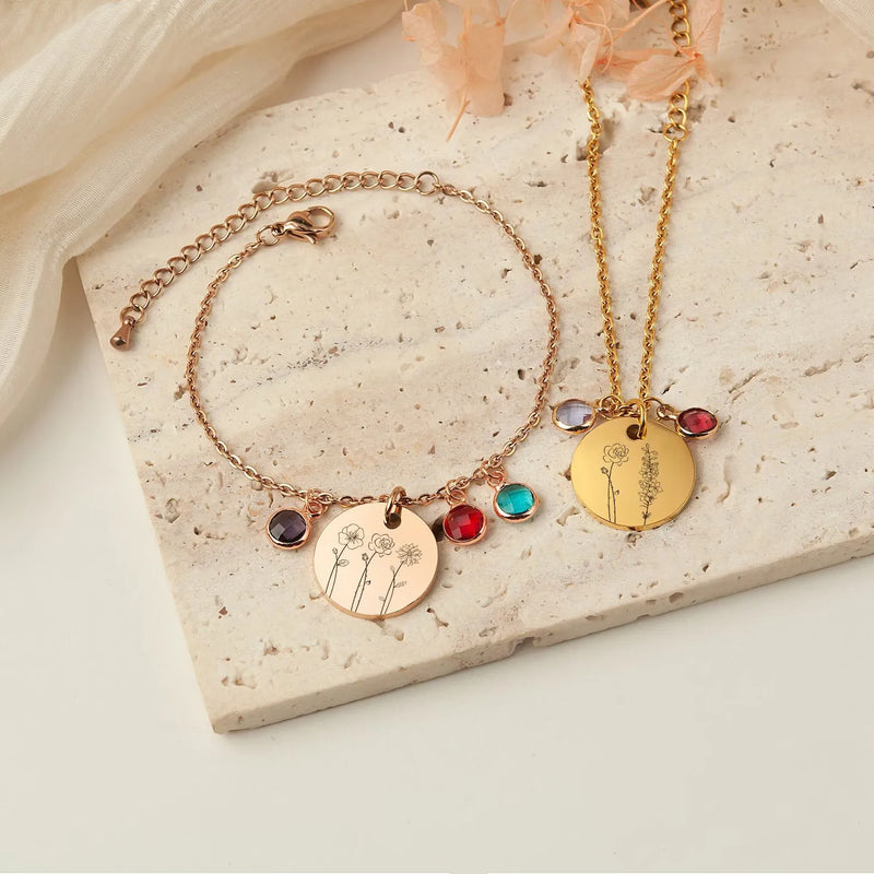 Family Gift - Engraved Combination Birth Flower Bracelet - Birthstone Bracelet - Custom Bracelet 1-4 Flowers - Gift for Mom