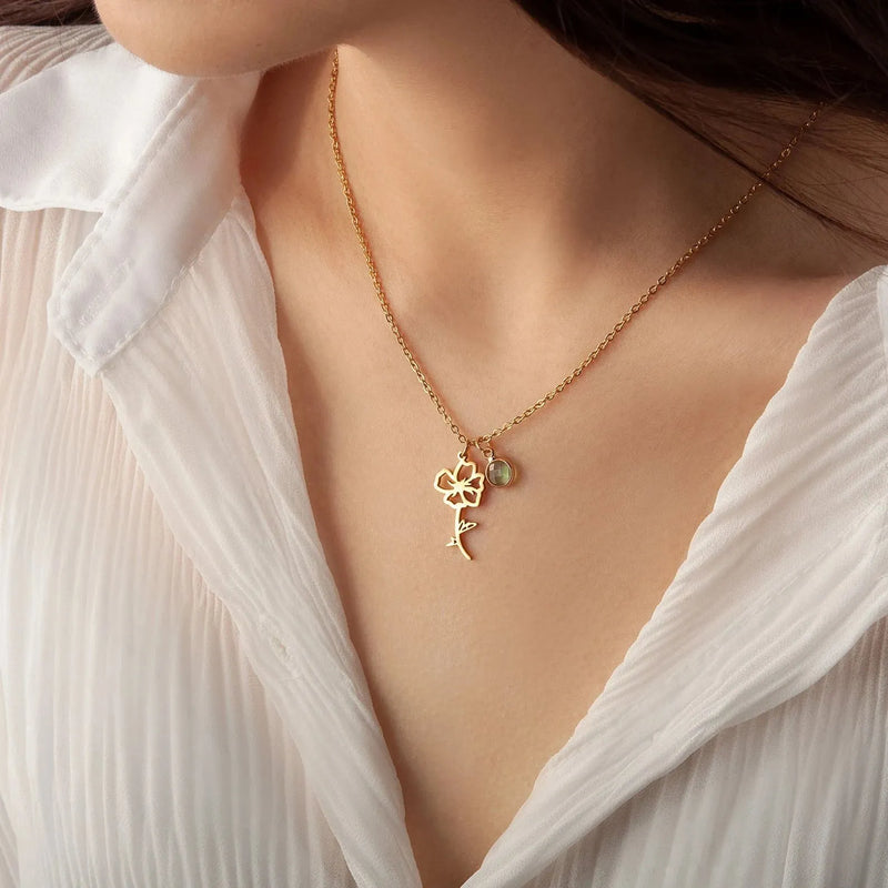 Gift for Friend - Dainty Birthflower Pendant Necklace - Birthstone Necklace - Birth Flower Necklace Personalized Graduation Gifts