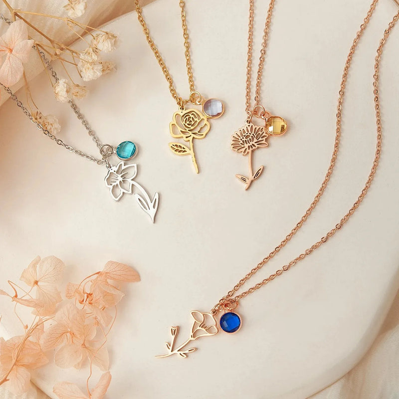 Gift for Friend - Dainty Birthflower Pendant Necklace - Birthstone Necklace - Birth Flower Necklace Personalized Graduation Gifts