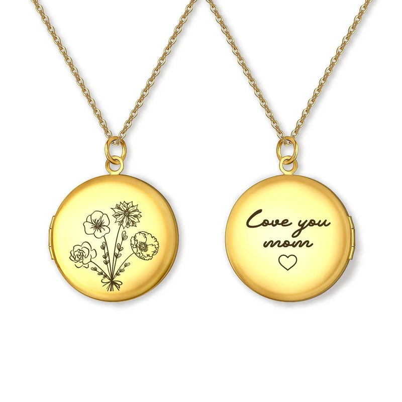 Unique Hnadmade Jewelry - Locket Necklace Personalized - Combined Birth Flower Locket - Photo Jewelry with Engraving - Photo Locket Necklace